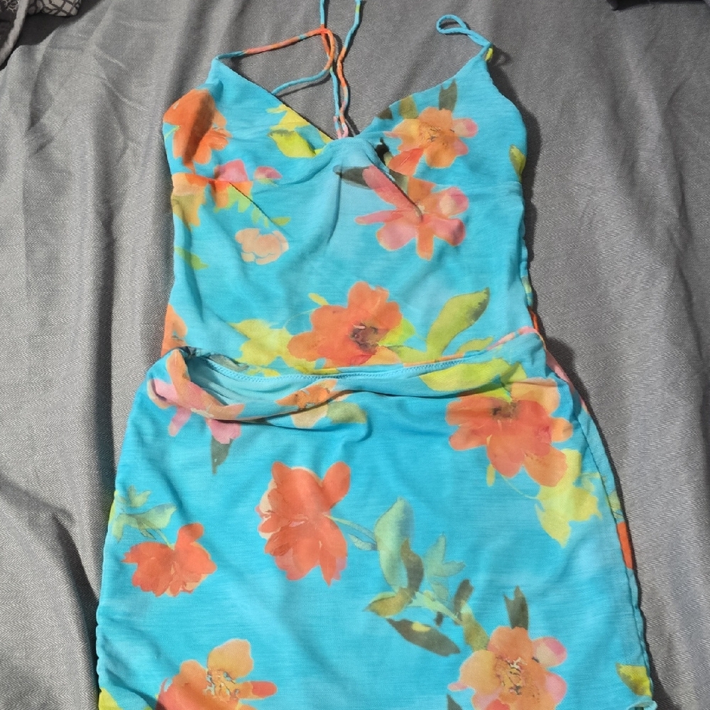 White Fox Boutique Turquoise Floral Mini Dress